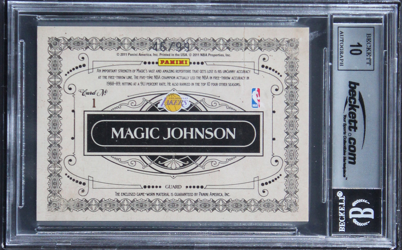Magic Johnson Signed 2010 Panini Gold Standard GA Mat #1 Card Auto 10! BAS Slab