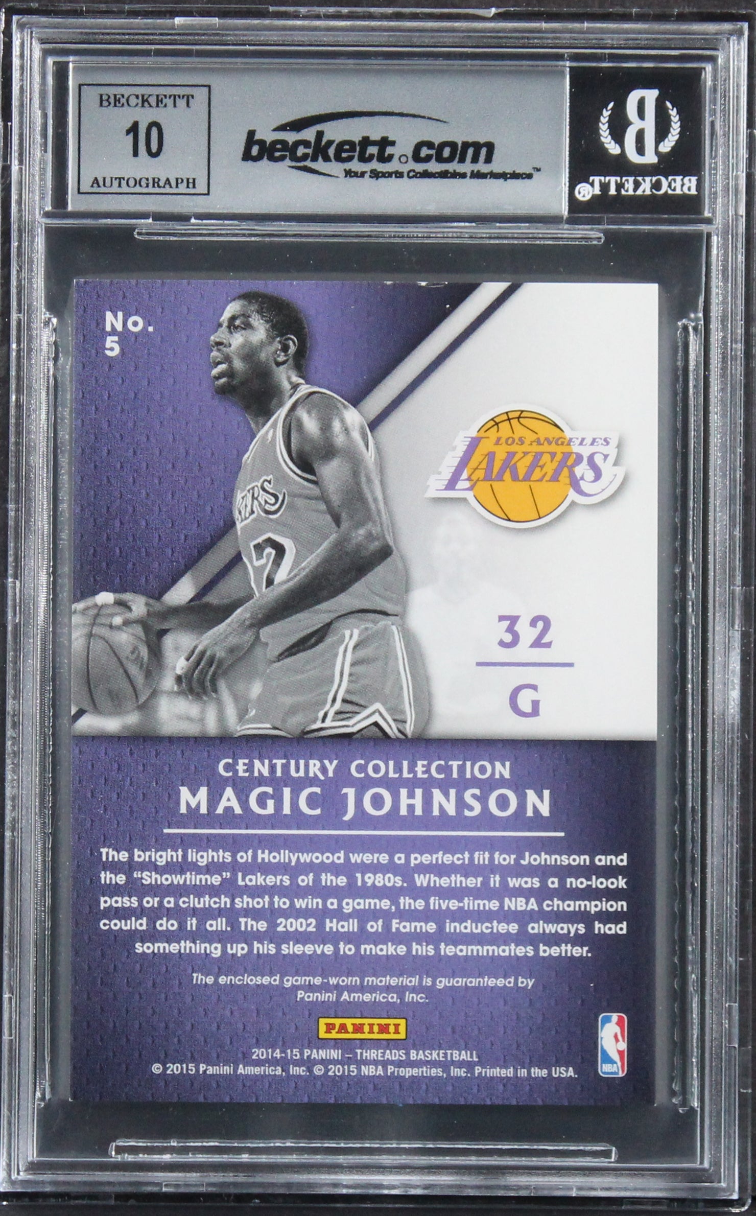 Magic Johnson Signed 2014 Panini Threads CC Mat #5 #4/49 Card Auto 10! BAS Slab