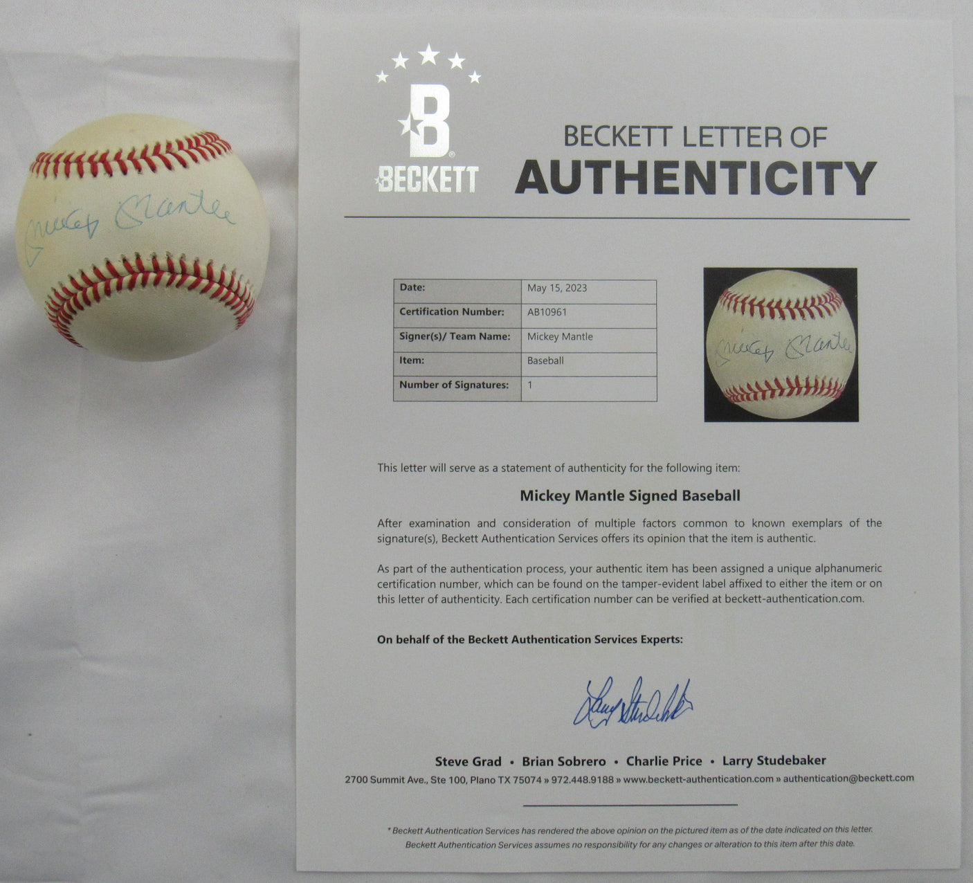 Mickey Mantle Signed Auto Rawlings Baseball Beckett LOA