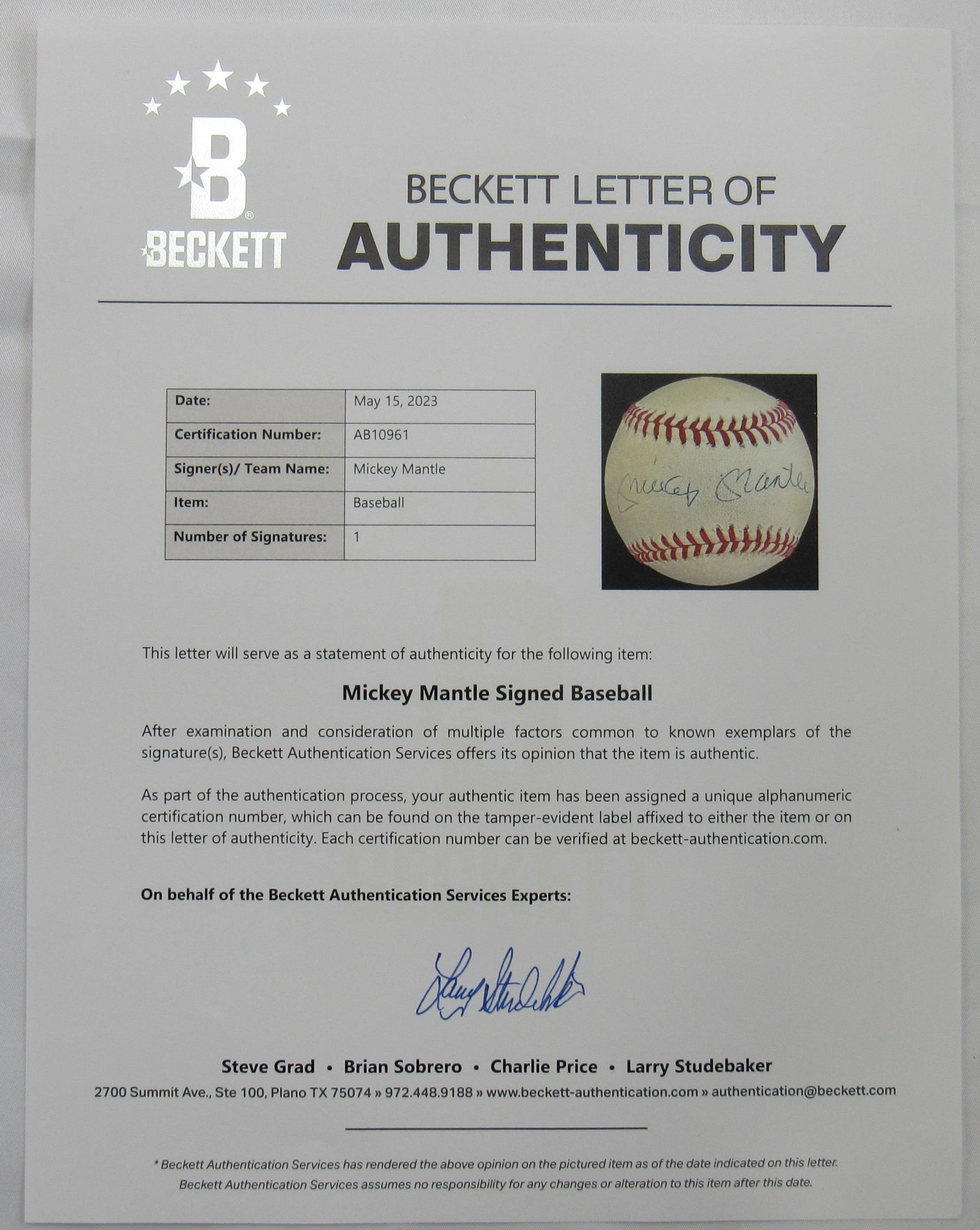 Mickey Mantle Signed Auto Rawlings Baseball Beckett LOA