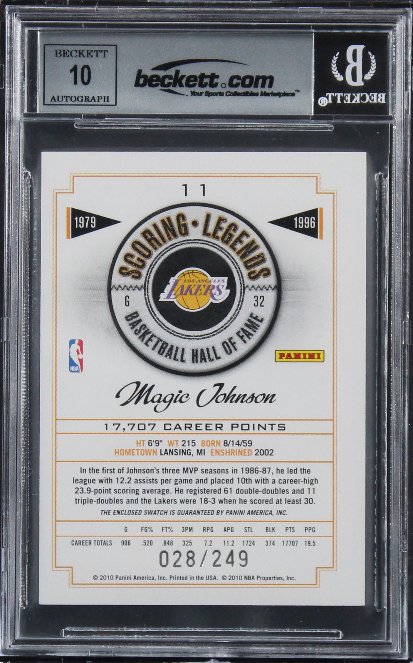 Magic Johnson Signed 2009 HOF Scoring Legends #11 #28/249 Card Auto 10! BAS Slab