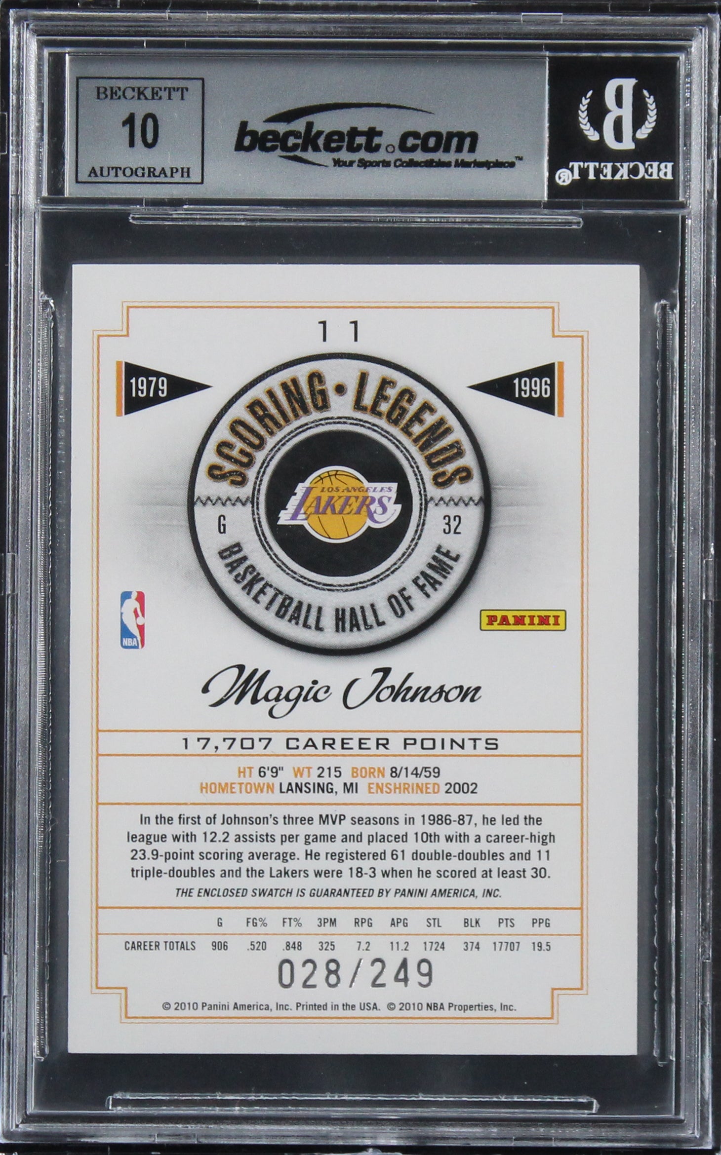 Magic Johnson Signed 2009 HOF Scoring Legends #11 #28/249 Card Auto 10! BAS Slab