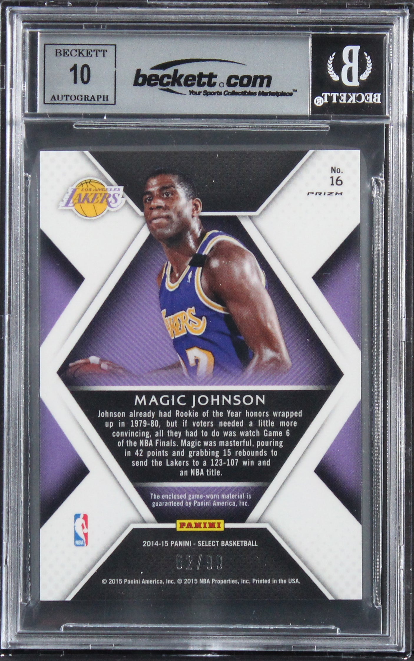 Magic Johnson Signed 2014 Select Swatches #16 #62/99 Card Auto 10! BAS Slabbed