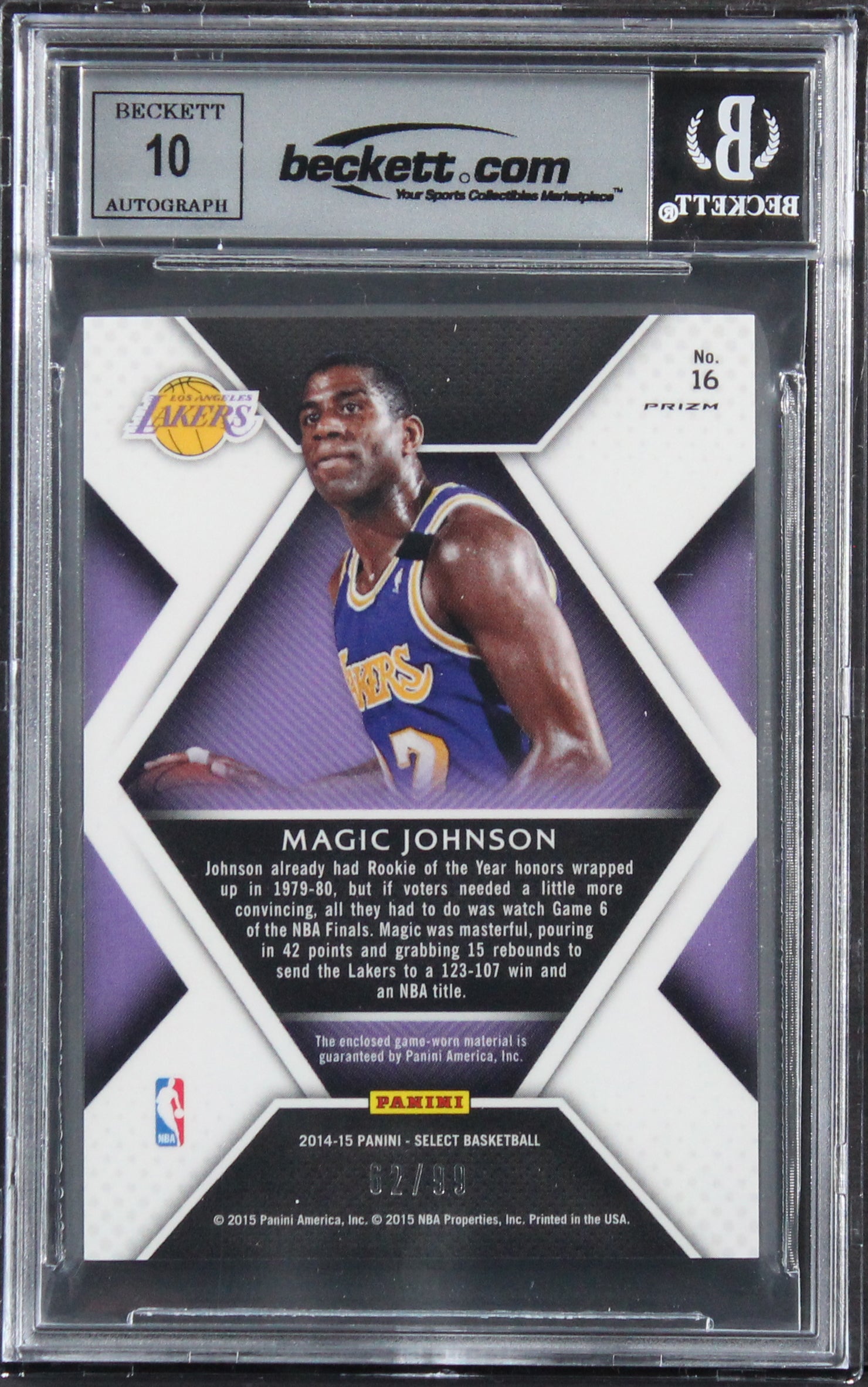 Magic Johnson Signed 2014 Select Swatches #16 #62/99 Card Auto 10! BAS Slabbed