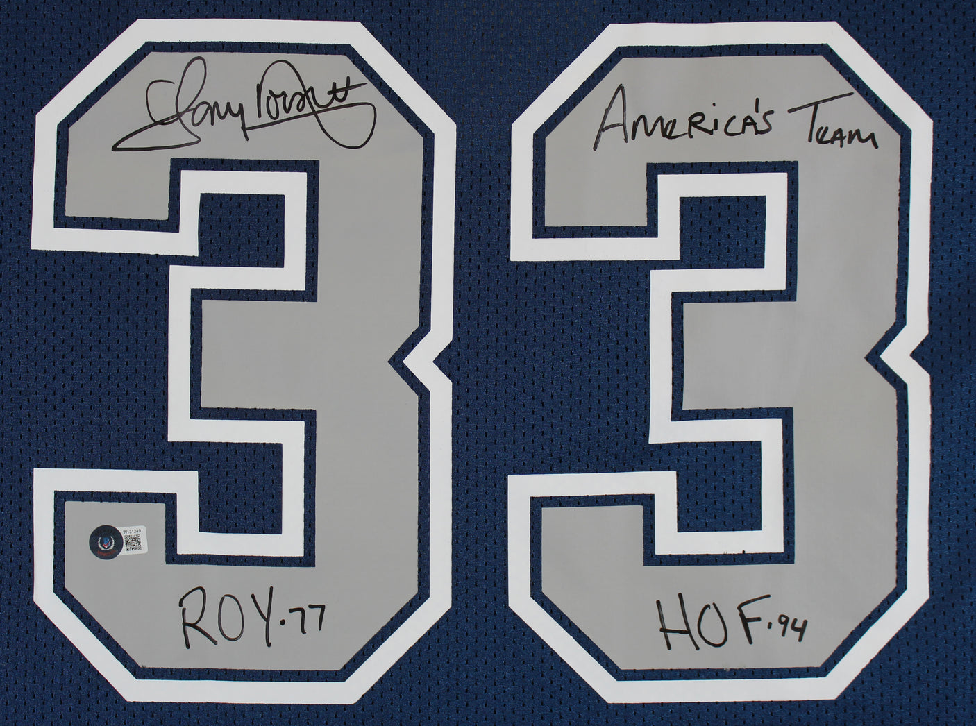 Cowboys Tony Dorsett "3x Insc" Signed Navy Blue M&N Jersey w/ Grey #s BAS Wit