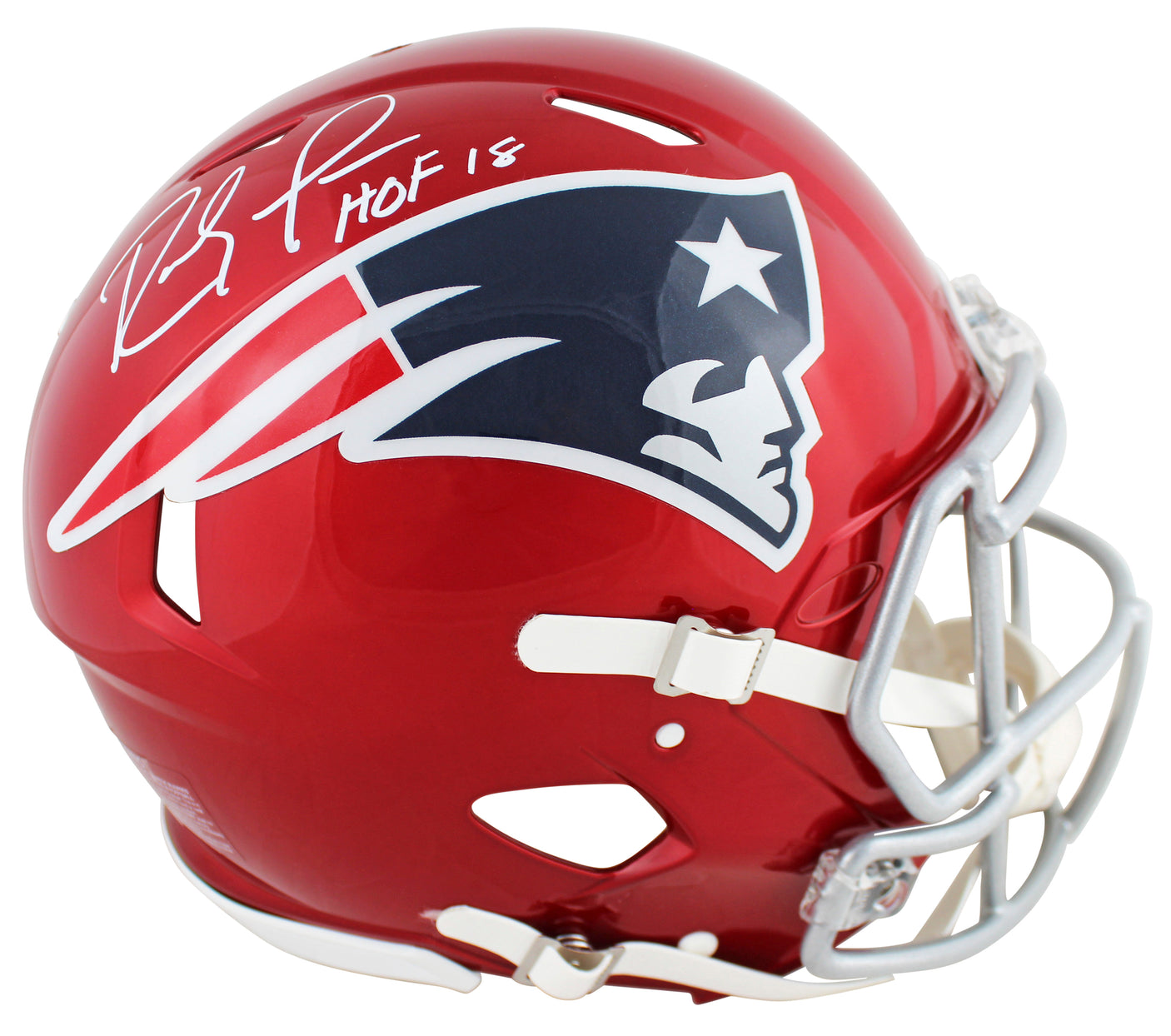 Patriots Randy Moss "HOF 18" Signed Flash Full Size Speed Proline Helmet BAS Wit