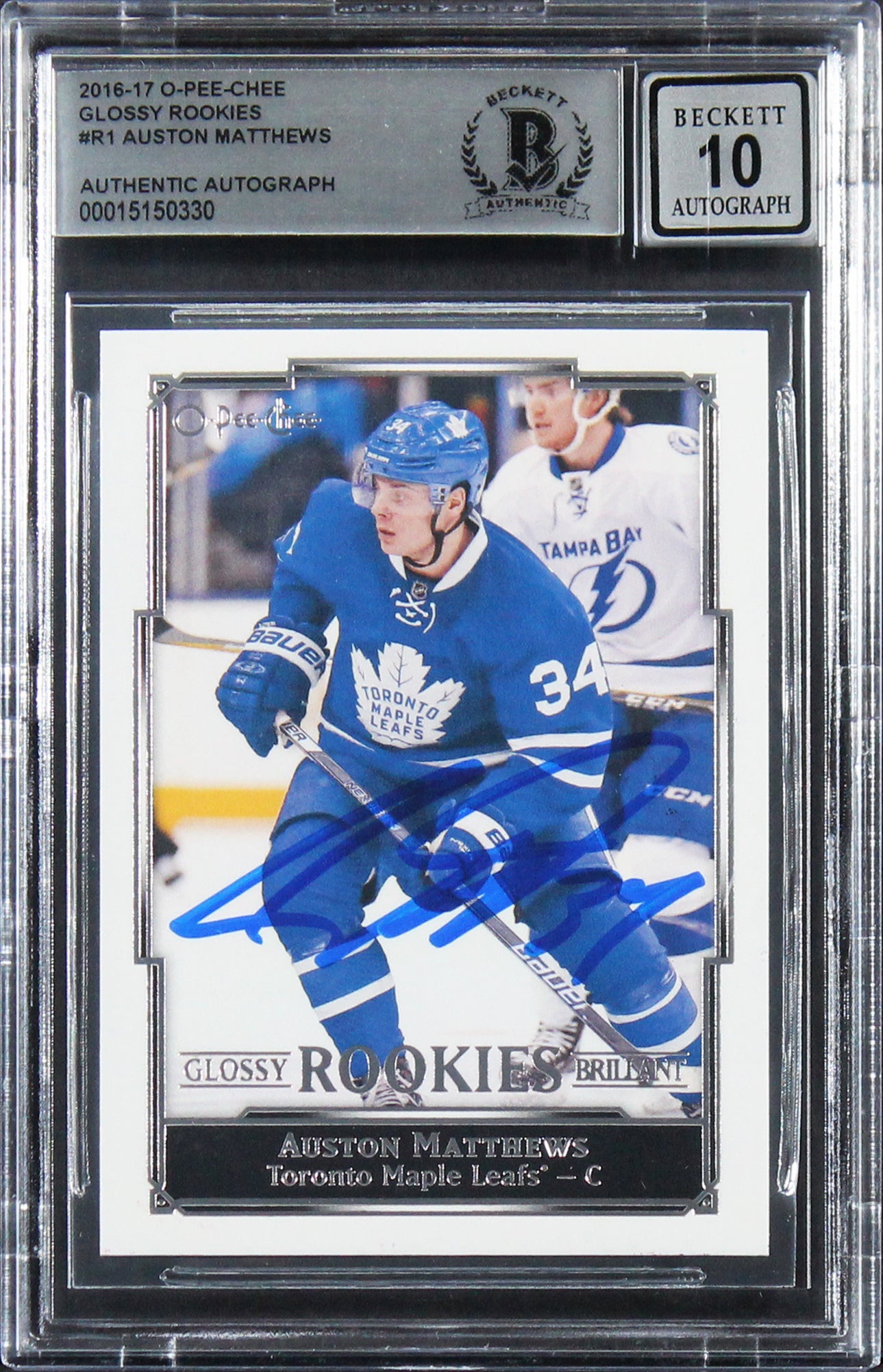 Auston Matthews Signed 2016 O-Pee-Chee Glossy Rookies #R1 Card Auto 10! BAS Slab