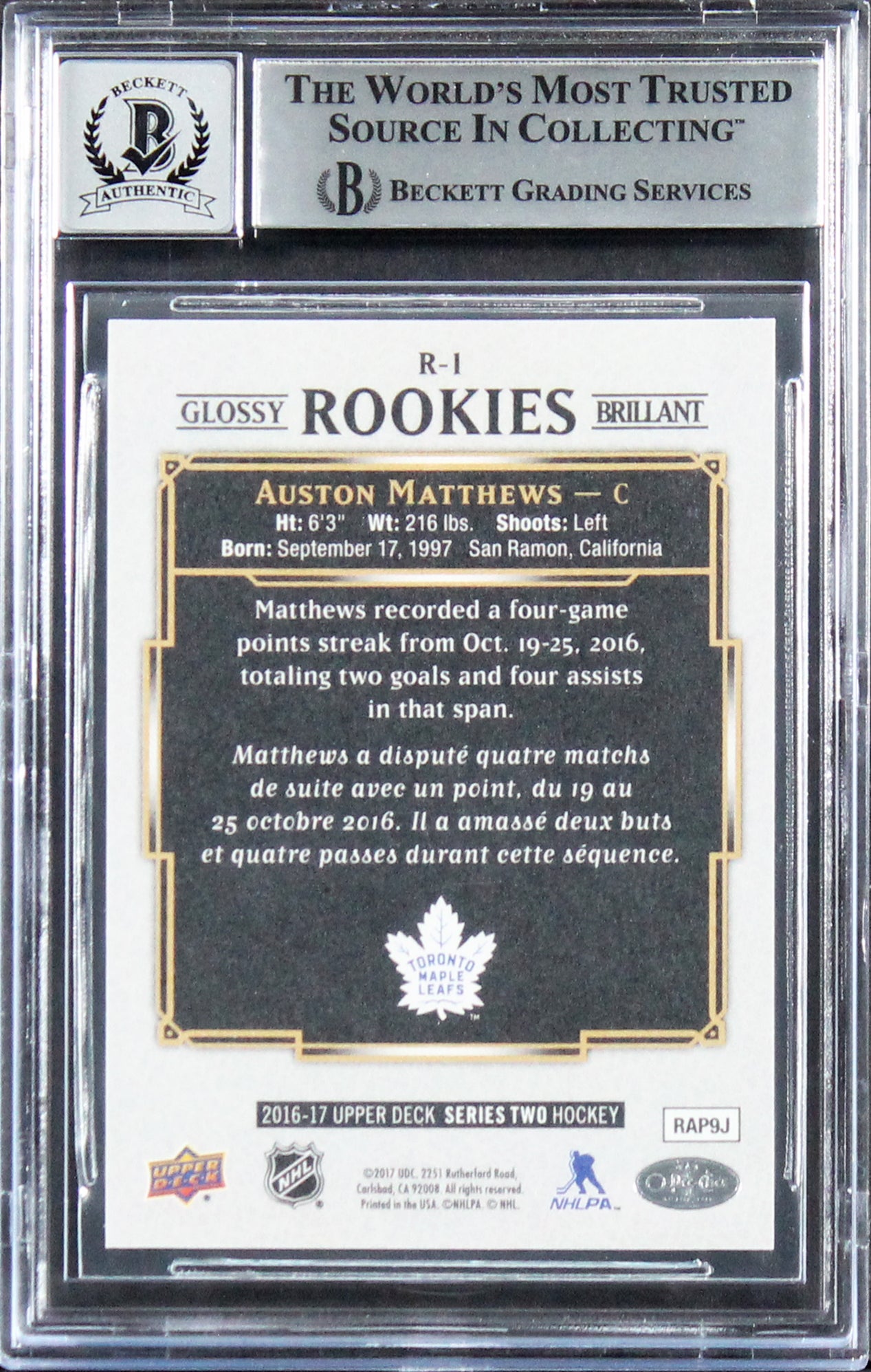 Auston Matthews Signed 2016 O-Pee-Chee Glossy Rookies #R1 Card Auto 10! BAS Slab