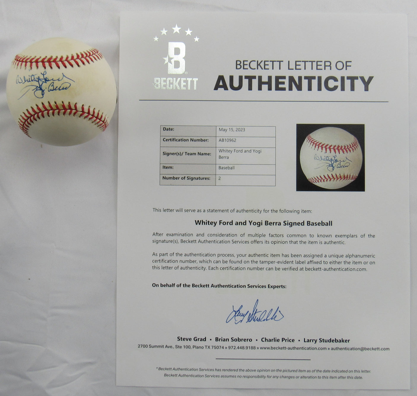 Whitey Ford Yogi Berra Signed Auto Rawlings Baseball Beckett LOA