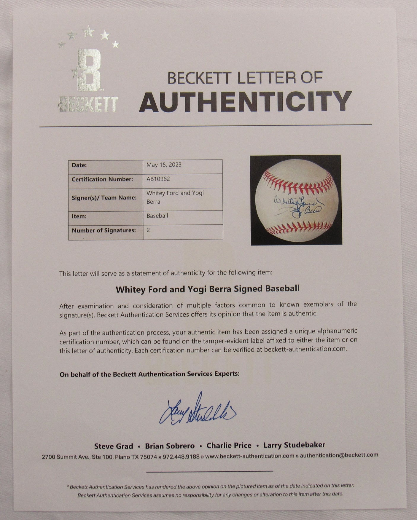 Whitey Ford Yogi Berra Signed Auto Rawlings Baseball Beckett LOA