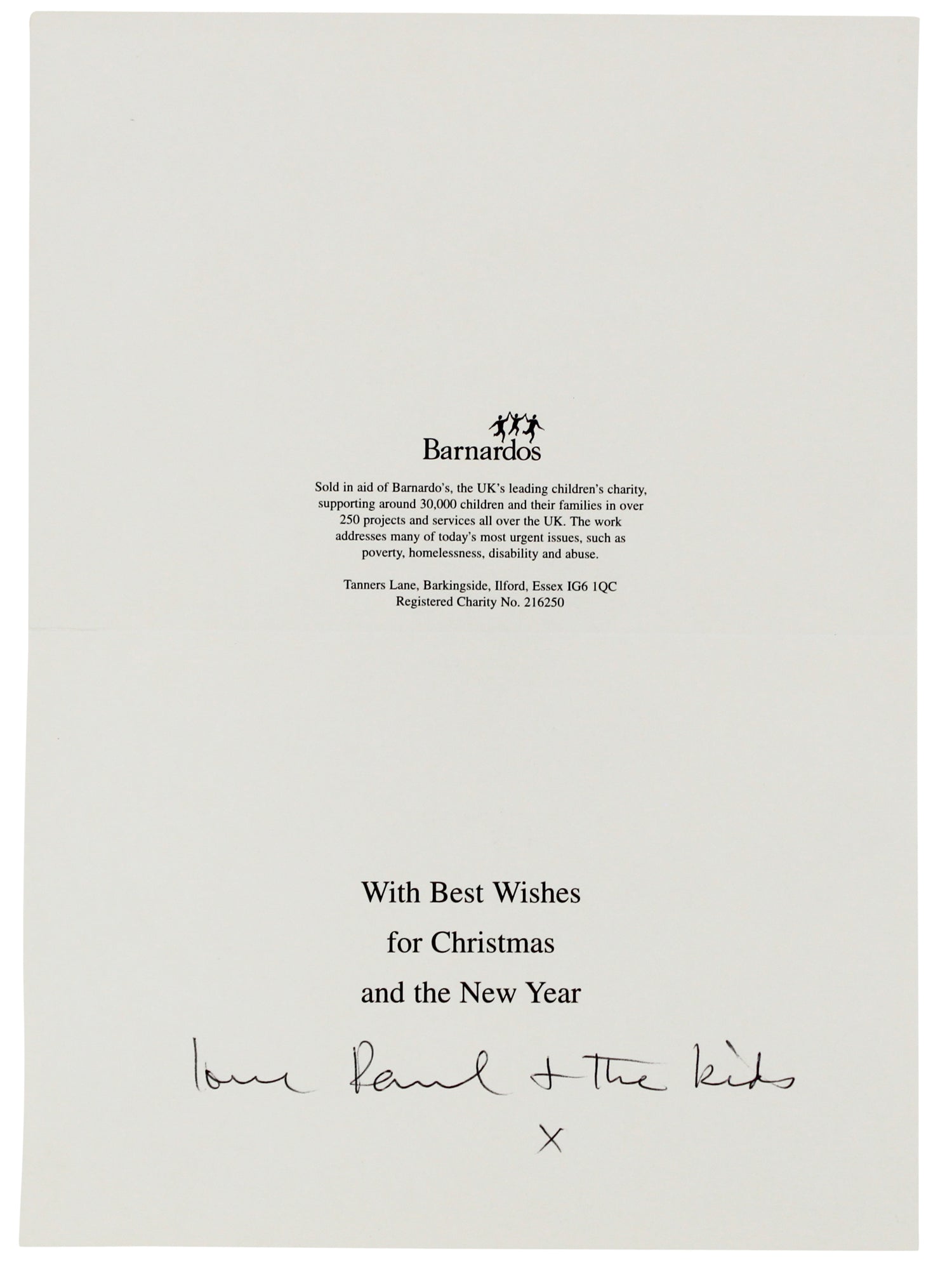 Paul McCartney "Love & The Kids" Signed 6.5x9 Christmas Greeting Card BAS