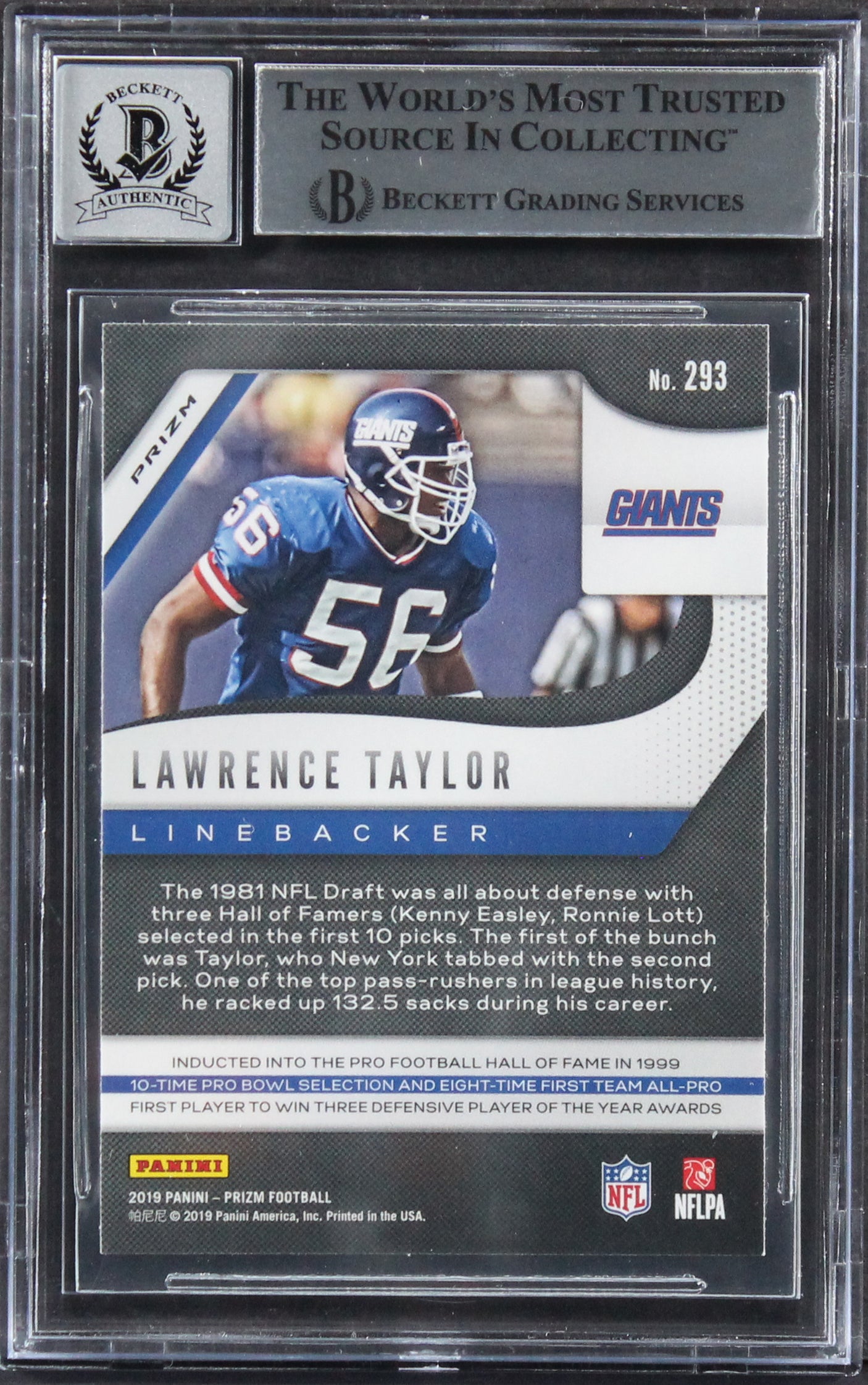 Giants Lawrence Taylor Signed 2019 Panini Prizm Pink #293 Card Auto 10! BAS Slab