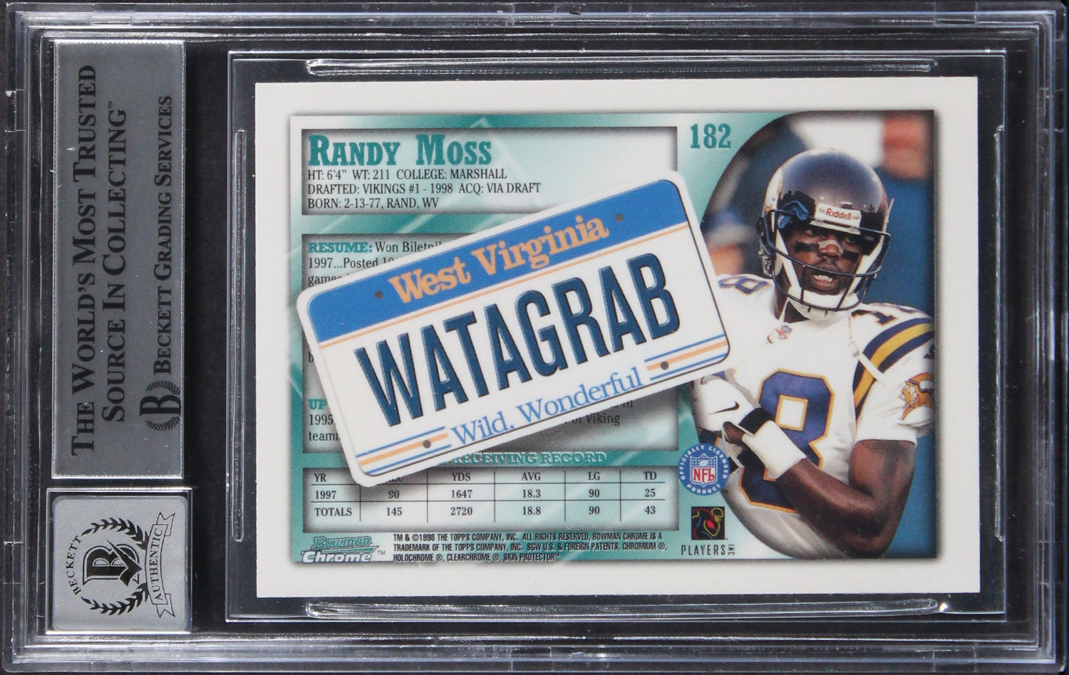 Randy Moss Signed 1998 Bowman Chrome Interstate #182 RC Card Auto 10 BAS Slabbed