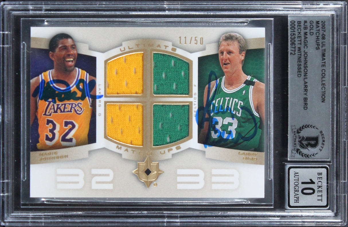 Magic Johnson & Larry Bird Signed 2007 UCM Gold #JB #11/50 Card Auto 10 BAS Slab