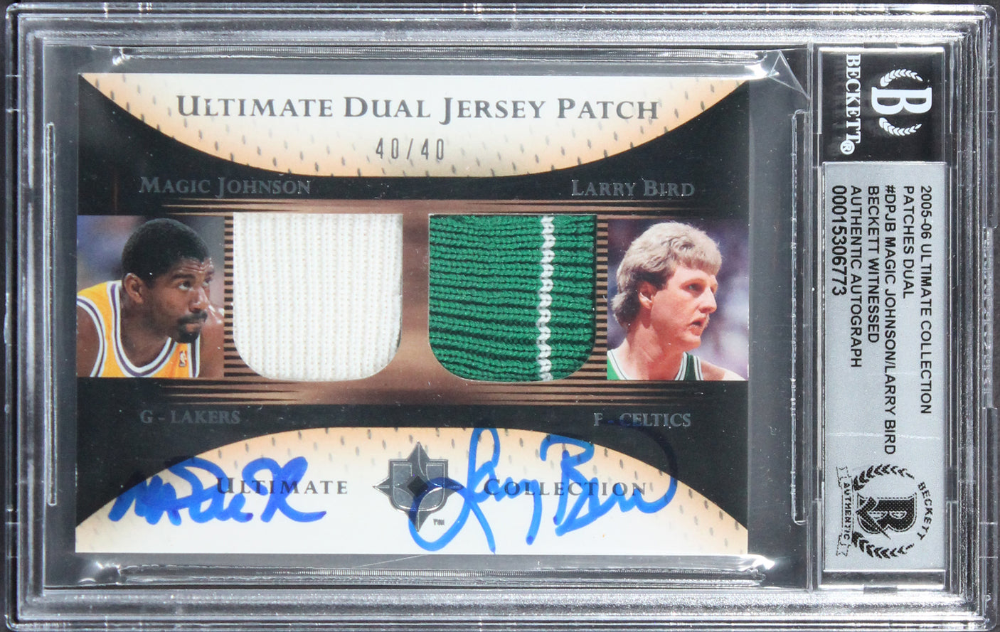 Magic Johnson & Larry Bird Signed 2005 Ultimate Patches DPJB 40/40 Card BAS Slab