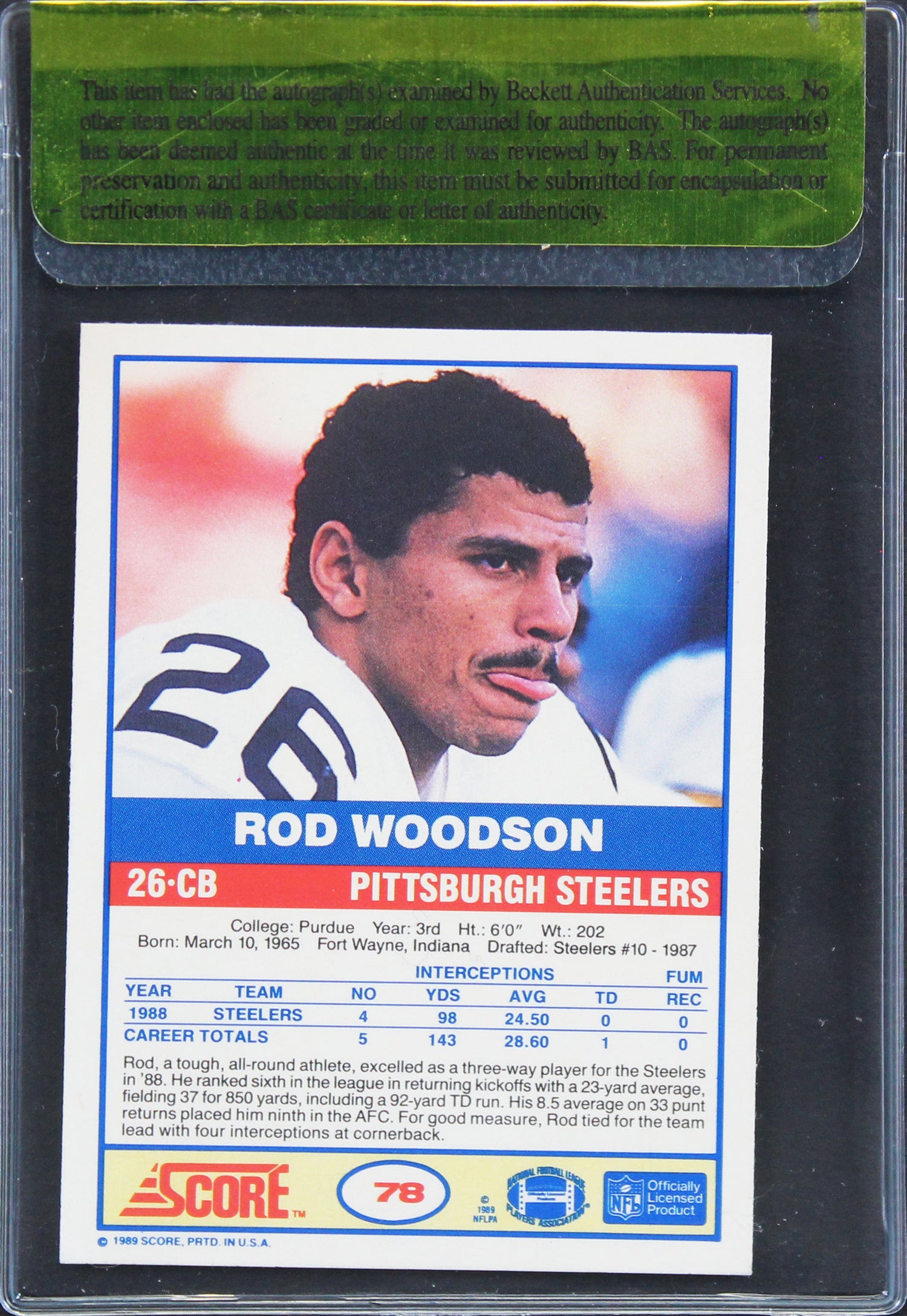 Steelers Rod Woodson Authentic Signed 1989 Score #78 Rookie Card BAS #11283