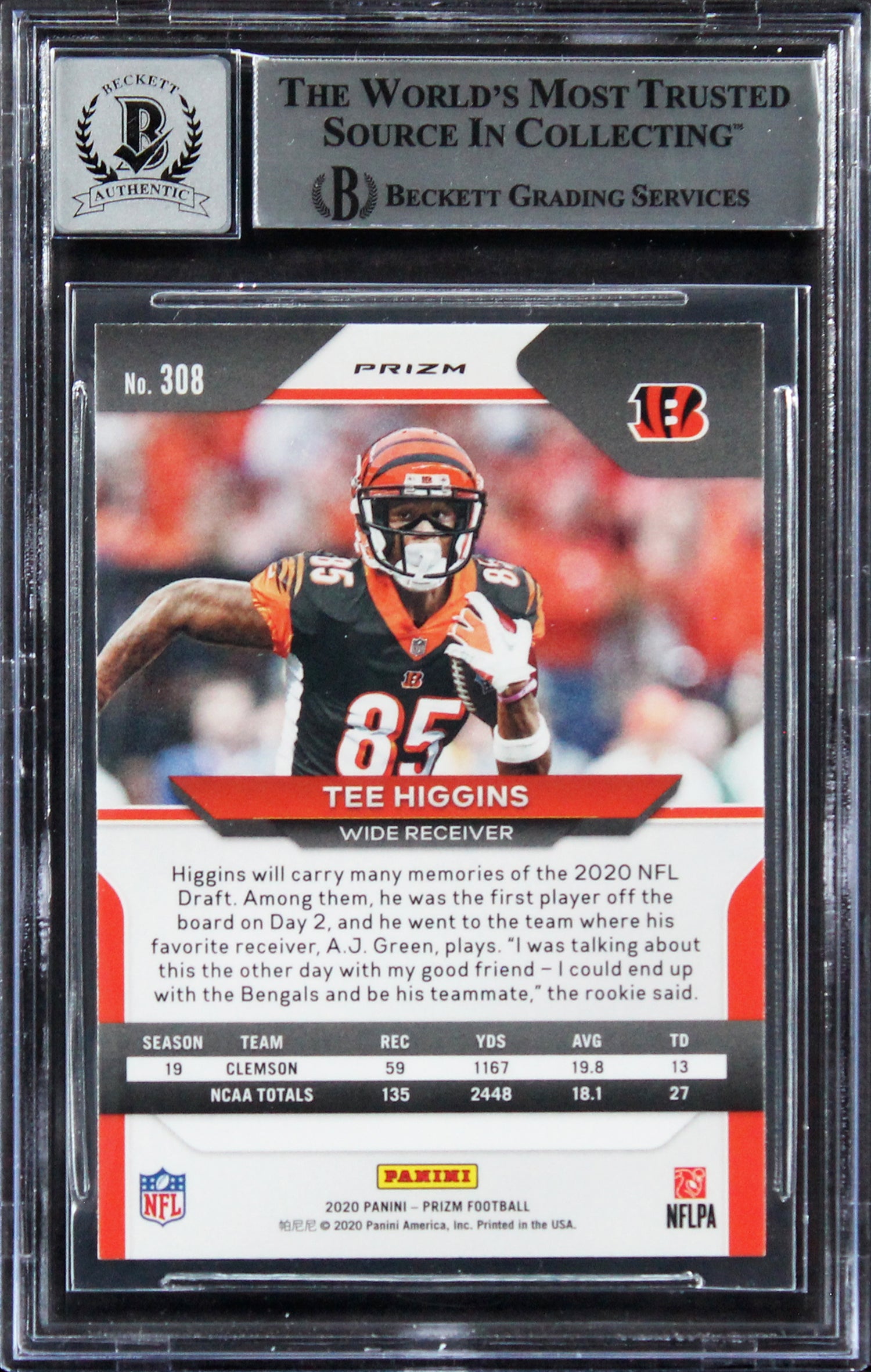 Tee Higgins Signed 2020 Panini Prizm Orange Lazer #308 RC Card Auto 10! BAS Slab