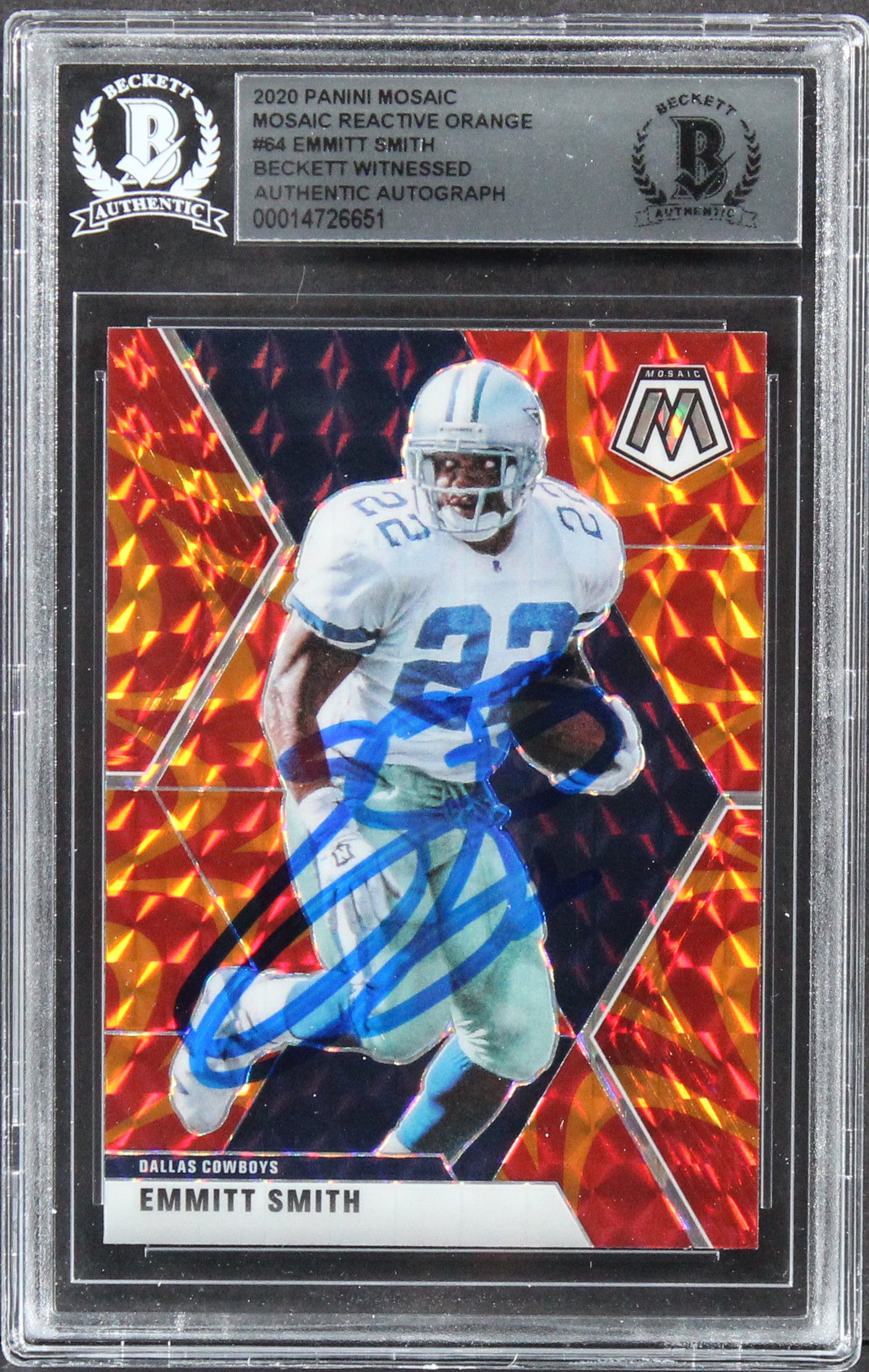 Cowboys Emmitt Smith Signed 2020 Panini Mosaic Reactive Orange #64 Card BAS Slab