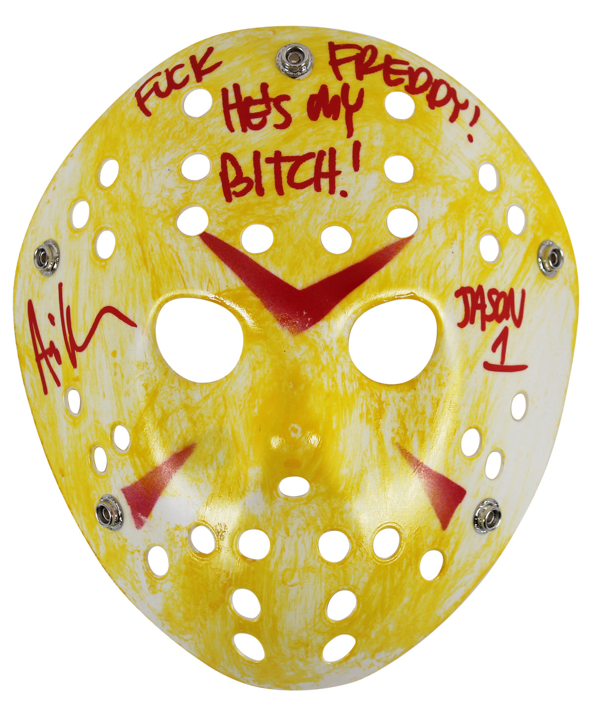 Ari Lehman "F*** Freddy!" Signed Yellow Jason Mask w/ Red Sig BAS Witnessed