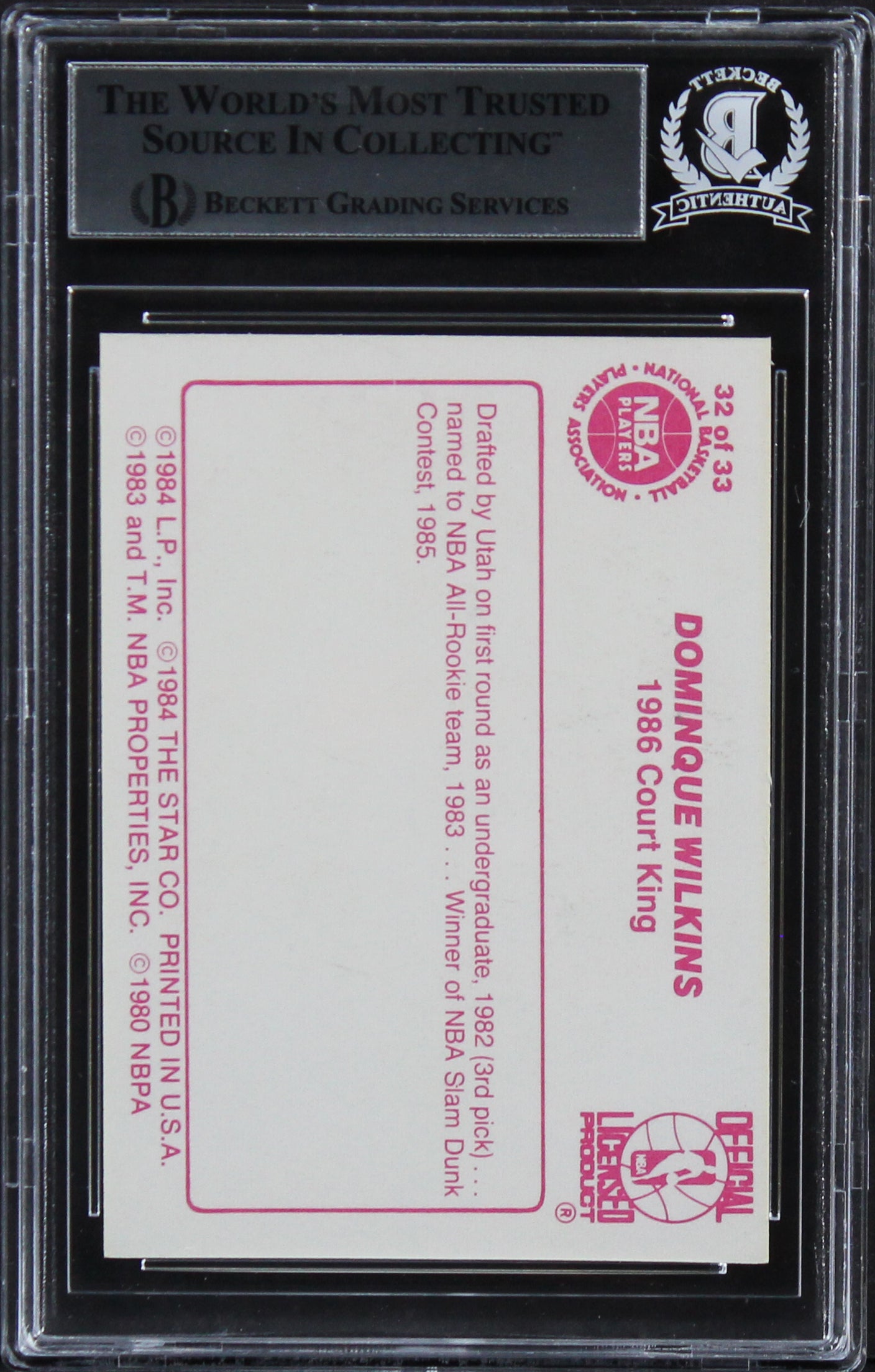 Hawks Dominique Wilkins HOF 06 Signed 1986 Star Court Kings #32 Card BAS Slabbed