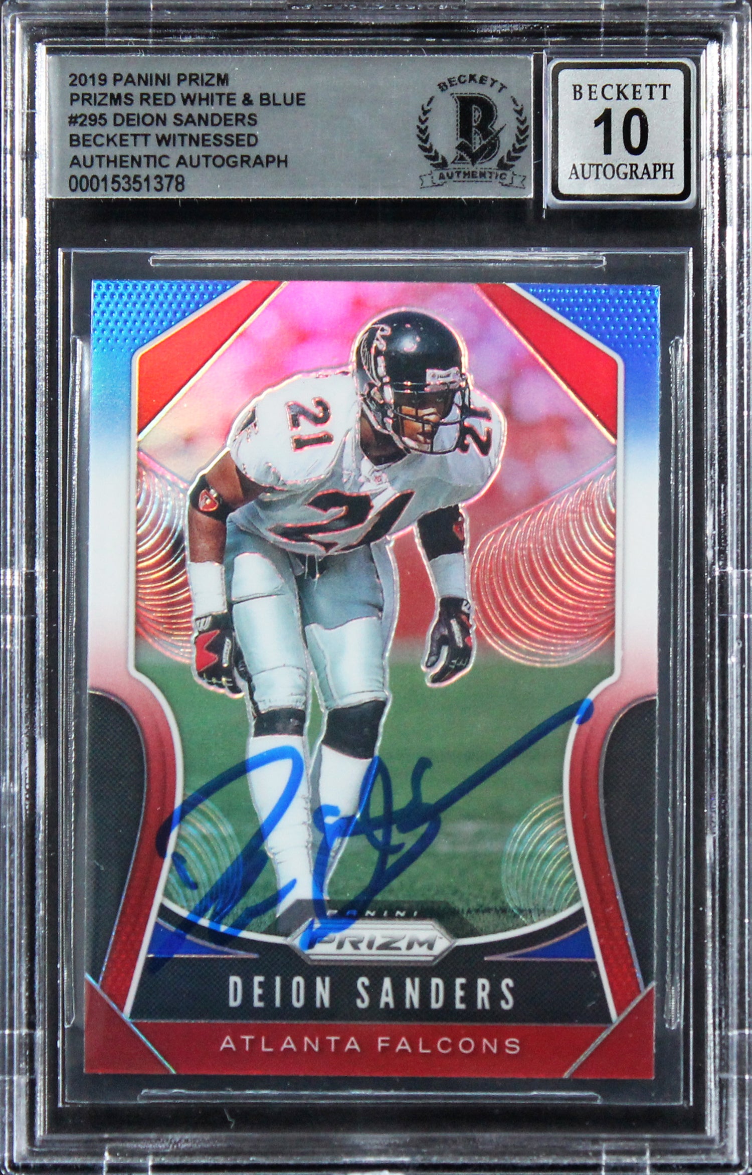 Deion Sanders Signed 2019 Panini Prizm Prizms RW&B #295 Card Auto 10 BAS Slabbed