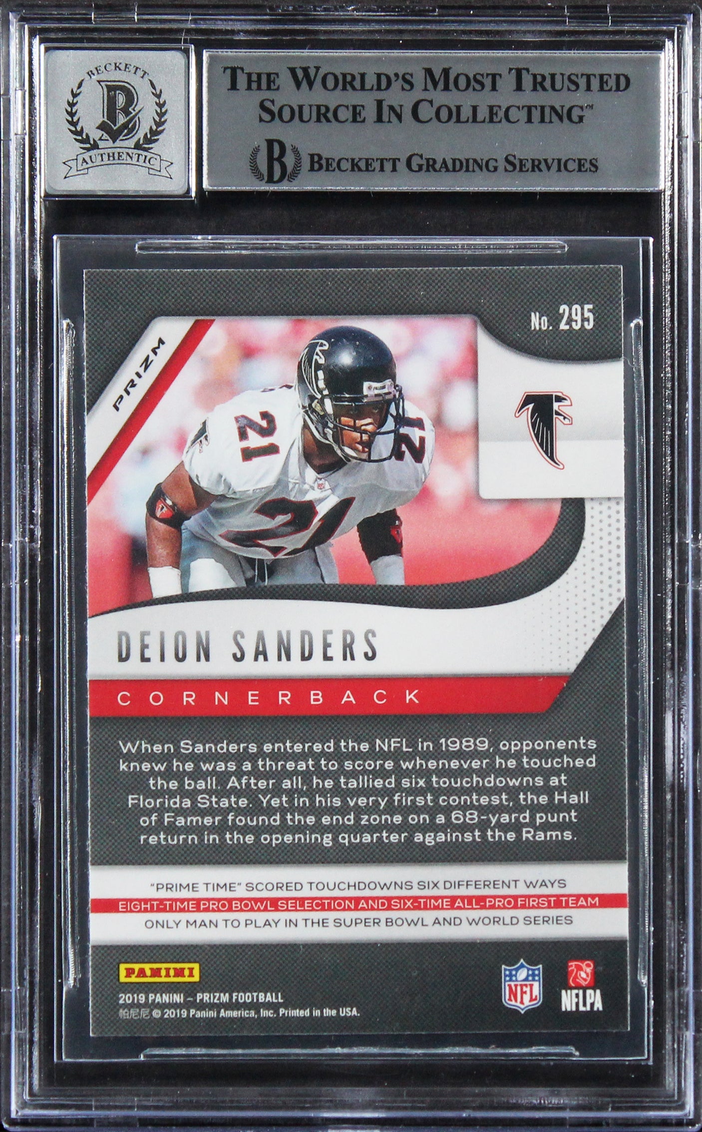 Deion Sanders Signed 2019 Panini Prizm Prizms RW&B #295 Card Auto 10 BAS Slabbed