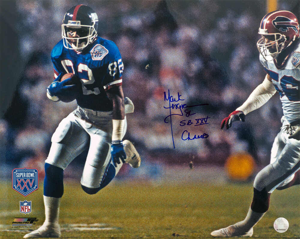 Mark Ingram Signed New York Giants Super Bowl XXV Blue Jersey Action 16x20 Photo w/SB XXV Champs