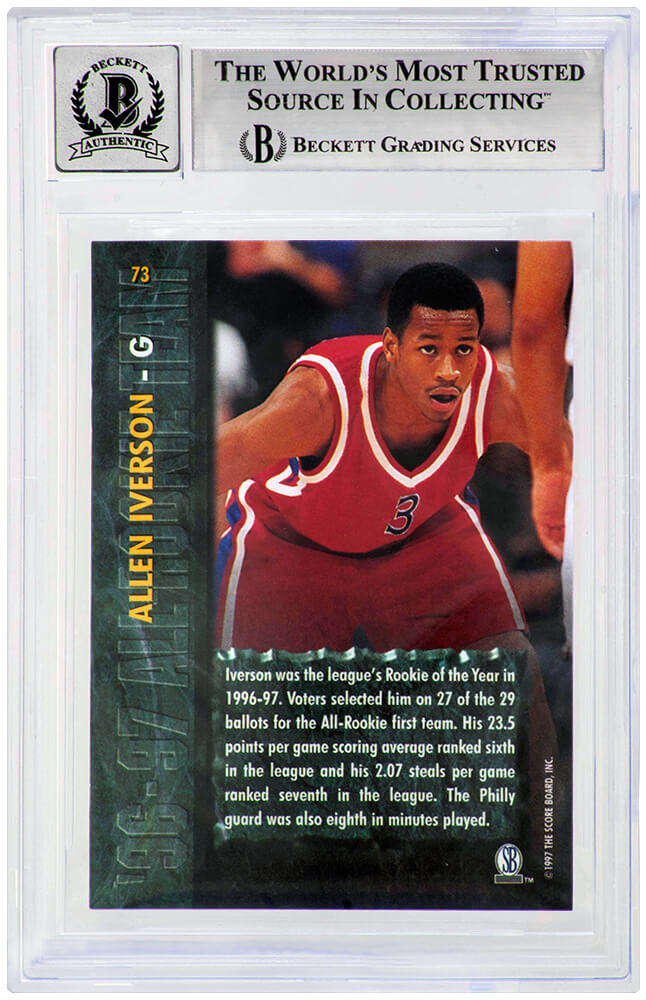 Allen Iverson Signed Philadelphia 76ers 1997 Score Board Rookie Basketball Card #73 (Beckett - Auto Grade 10)