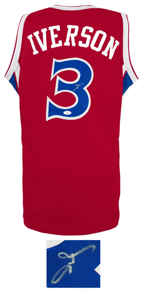 Allen Iverson Signed Red With Blue Numbers Custom Basketball Jersey - (JSA)