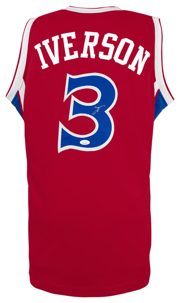 Allen Iverson Signed Red With Blue Numbers Custom Basketball Jersey - (JSA)
