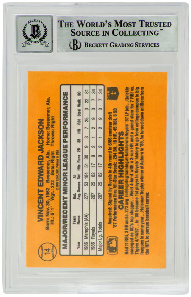 Bo Jackson Signed Kansas City Royals 1987 Donruss The Rookies Baseball Card #14 - (Beckett / Auto Grade 10)