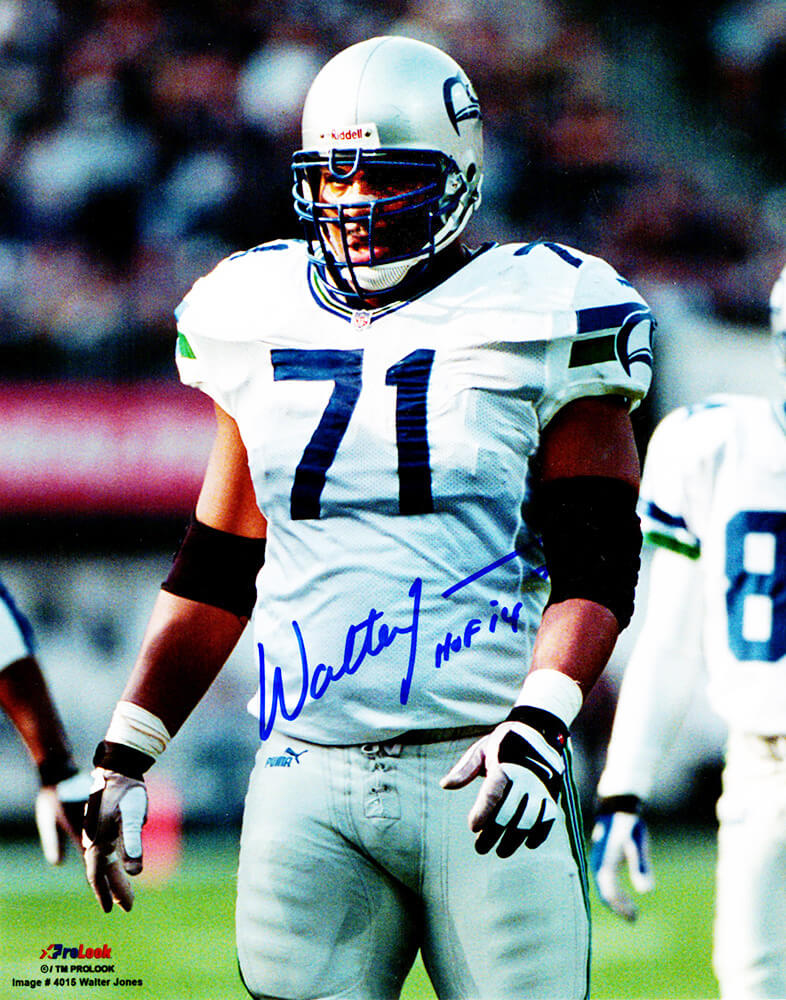 Walter Jones Signed Seattle Seahawks White Jersey Action 8x10 Photo w/HOF'14