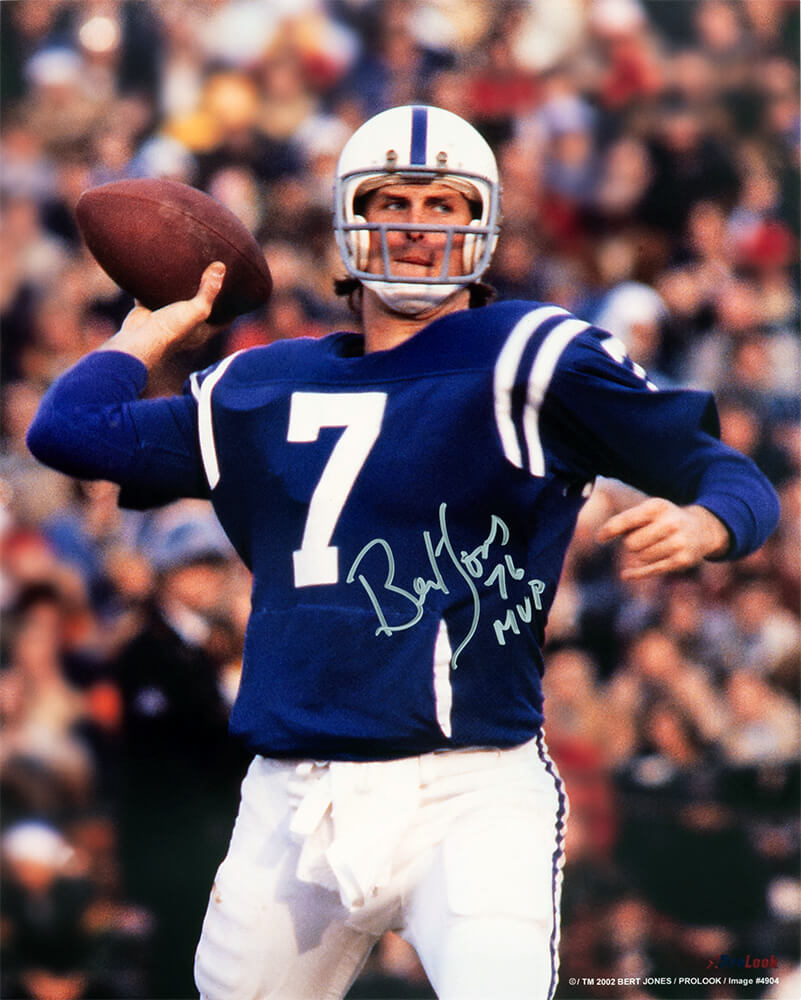 Bert Jones Signed Colts Blue Jersey Passing Action 1620 Photo w/76 MVP