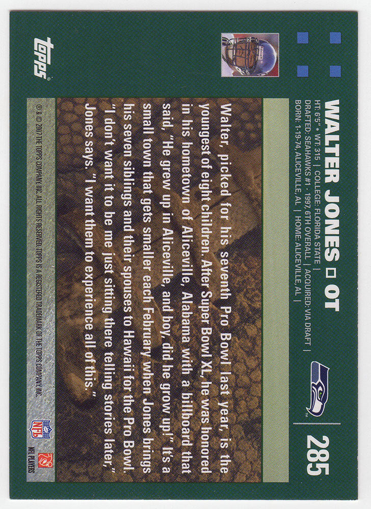 Walter Jones Signed Seattle Seahawks 2007 Topps Football Card #285