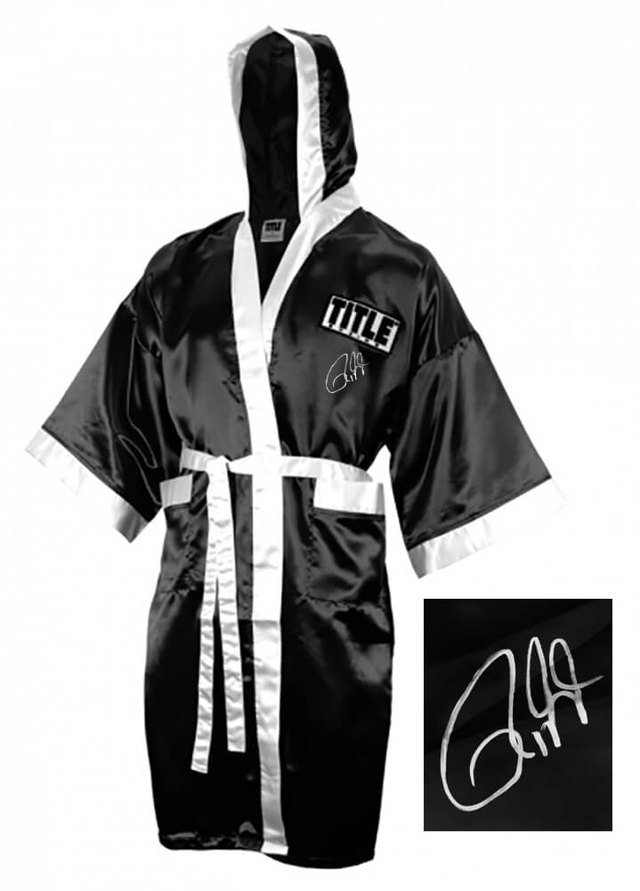 Roy Jones Jr. Signed Title Black With White Trim Boxing Robe With Hood