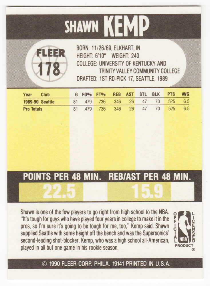 Shawn Kemp Signed Seattle Supersonics 1990 Fleer Rookie Basketball Trading Card #178