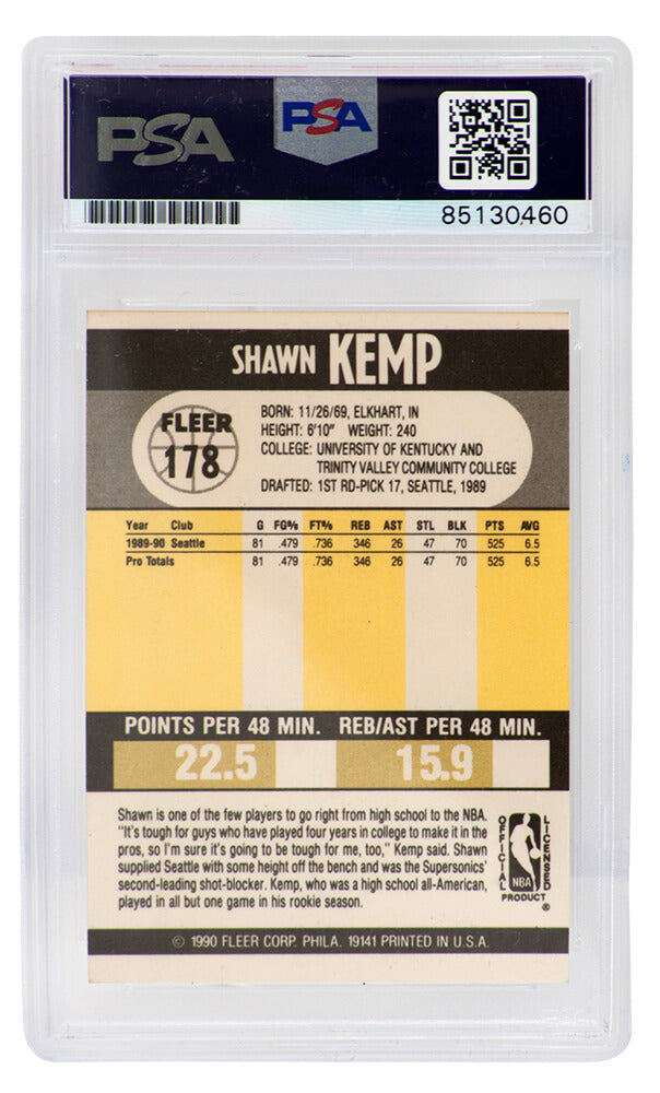Shawn Kemp Signed Seattle Supersonics 1990 Fleer Rookie Basketball Card #178 - (PSA/DNA Encapsulated)