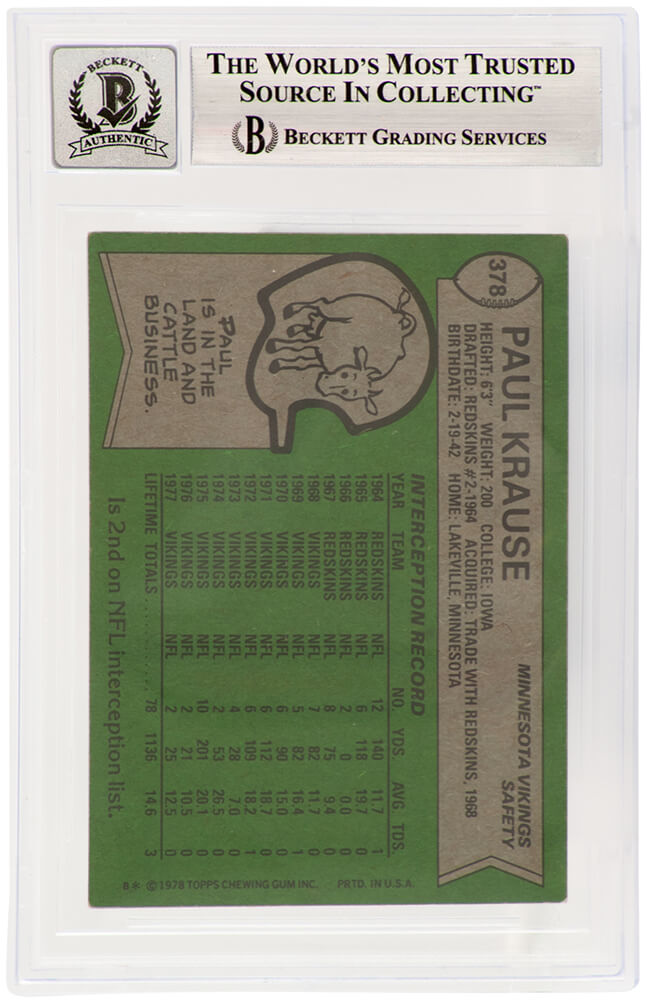 Paul Krause Signed Minnesota Vikings 1978 Topps Football Card #378 - (Beckett - Auto Sticker - Grade 10)