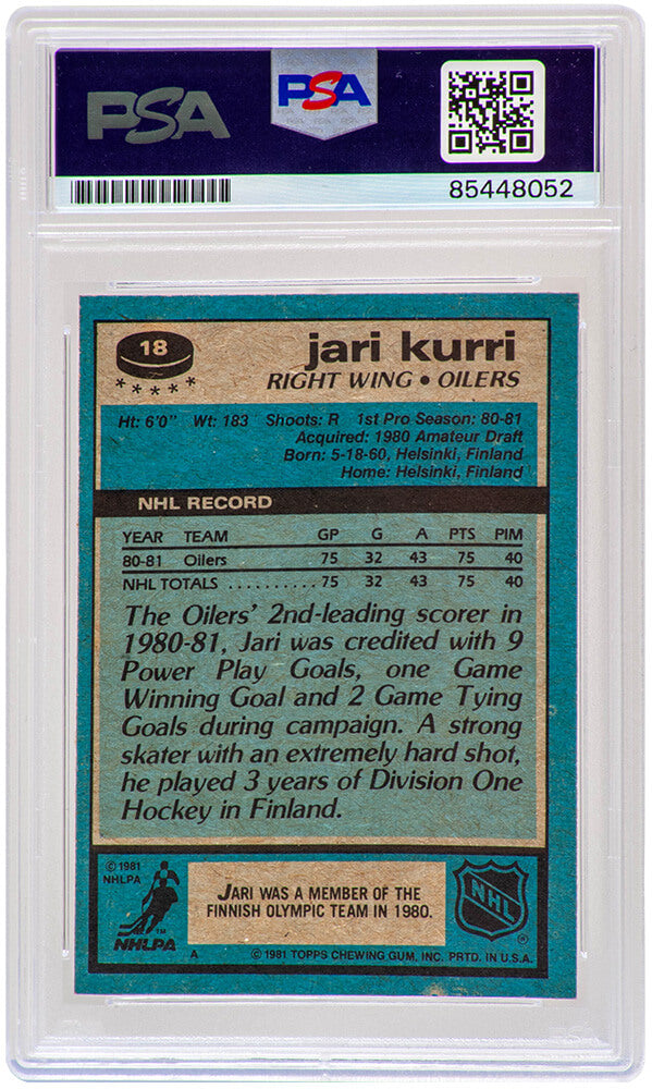 Jari Kurri Signed Edmonton Oilers 1981-82 Topps Rookie Hockey Card #18 w/HOF'01 - (PSA Encapsulated)
