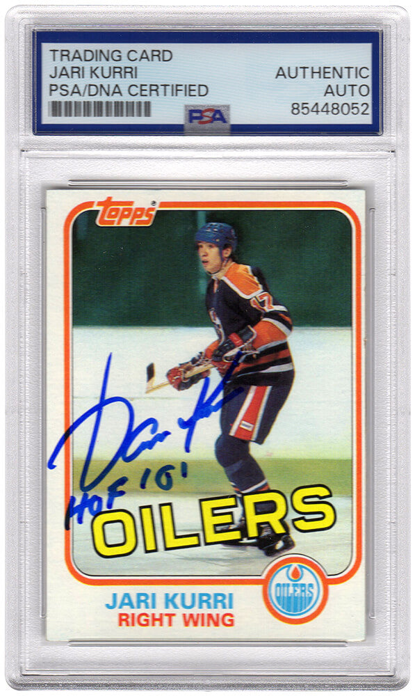 Jari Kurri Signed Edmonton Oilers 1981-82 Topps Rookie Hockey Card #18 w/HOF'01 - (PSA Encapsulated)