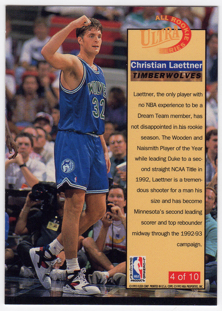 Christian Laettner Signed Minnesota Timberwolves 1992-93 Fleer Ultra Rookie Series Basketball Card #4