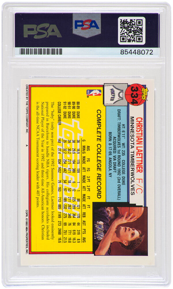 Christian Laettner Signed Timberwolves 1992-93 Topps GOLD Rookie Basketball Card #334 - (PSA Encapsulated)