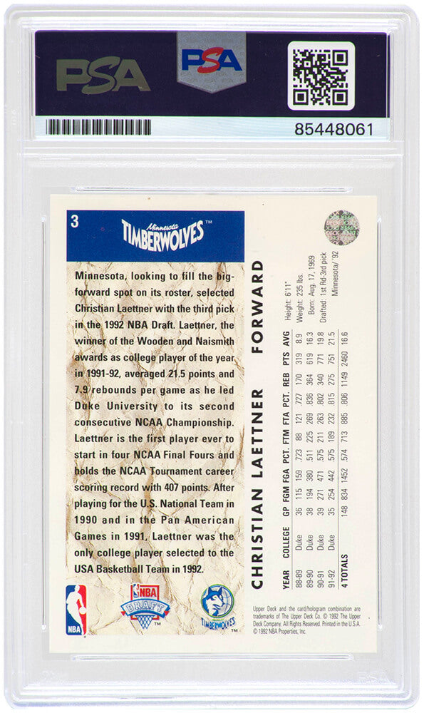 Christian Laettner Signed Timberwolves 1992-93 Upper Deck Rookie Basketball Card #3 - (PSA Encapsulated)