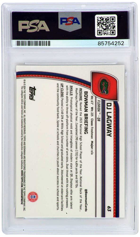 DJ Lagway Signed 2024 Bowman Chrome (1st Bowman) Football Trading Card #63 - (PSA Encapsulated - Auto Grade 10)