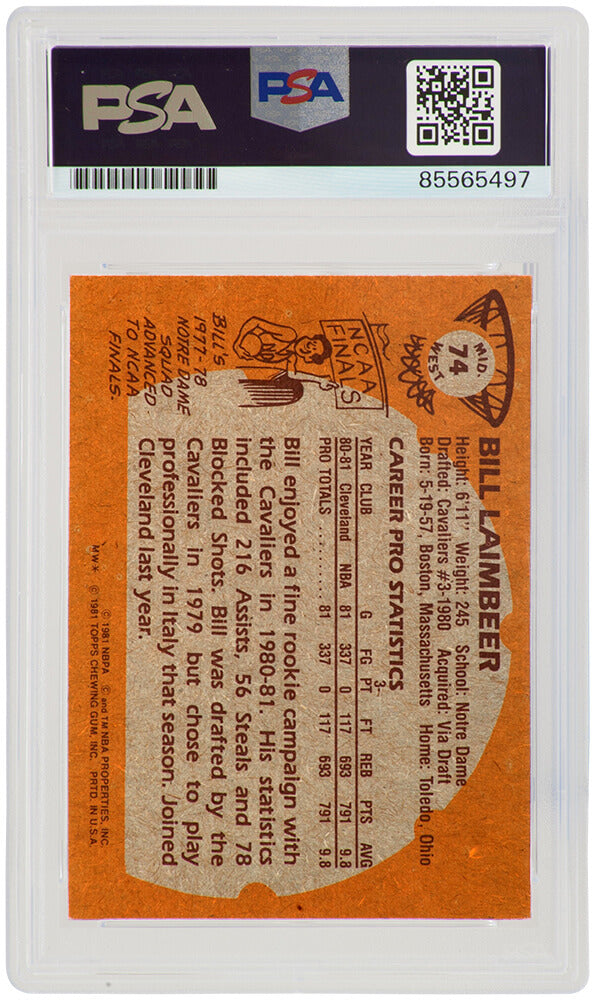 Bill Laimbeer Signed Cavaliers 1981 Topps Rookie Basketball Trading Card #74W - (PSA / Auto Grade 9)