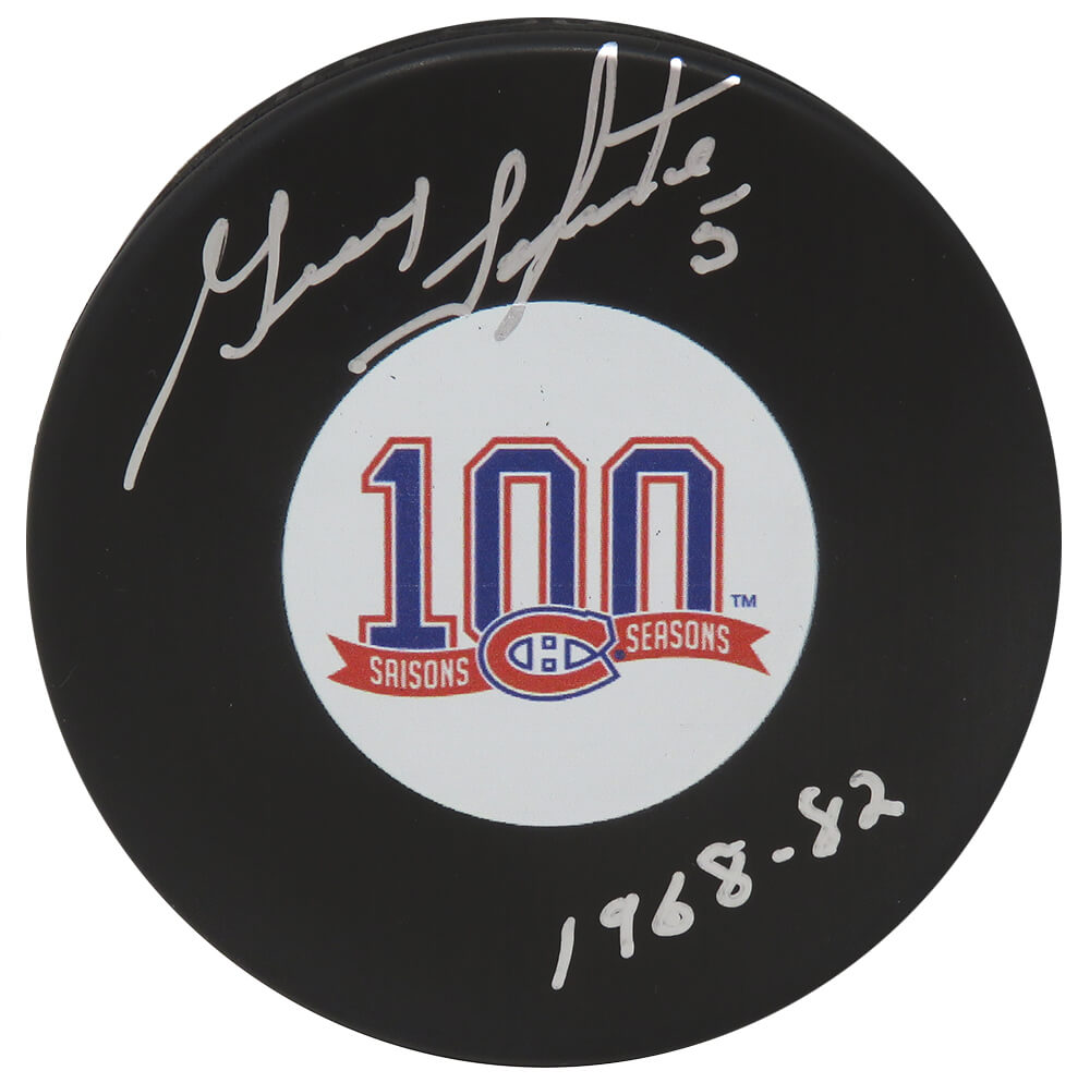 Guy Lapointe Signed Montreal Canadians 100th Season Logo Hockey Puck w/1968-82