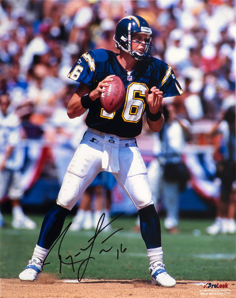 Ryan Leaf Signed Chargers Dropback Action 16x20 Photo