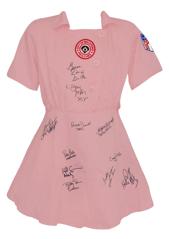 A League Of Their Own Cast Signed Rockford Peaches Pink Costume Baseball Jersey (11 Signatures - w/Character Names)