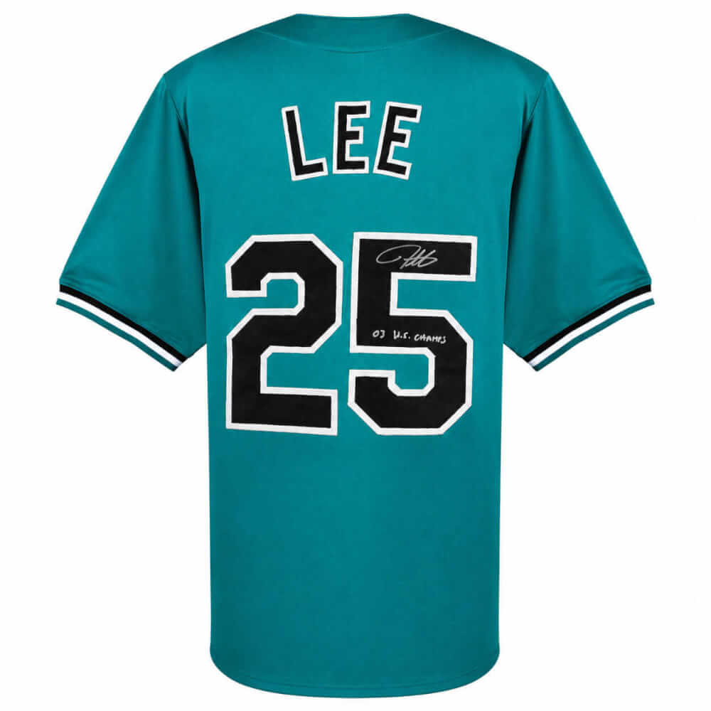 Derrek Lee Signed Teal Throwback Custom Baseball Jersey w/03 WS Champs