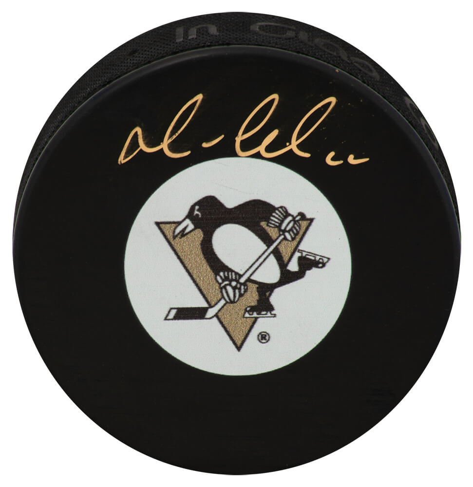 Mario Lemieux Signed Pittsburgh Penguins Team Logo Hockey Puck (In Gold) - (PSA Holo)